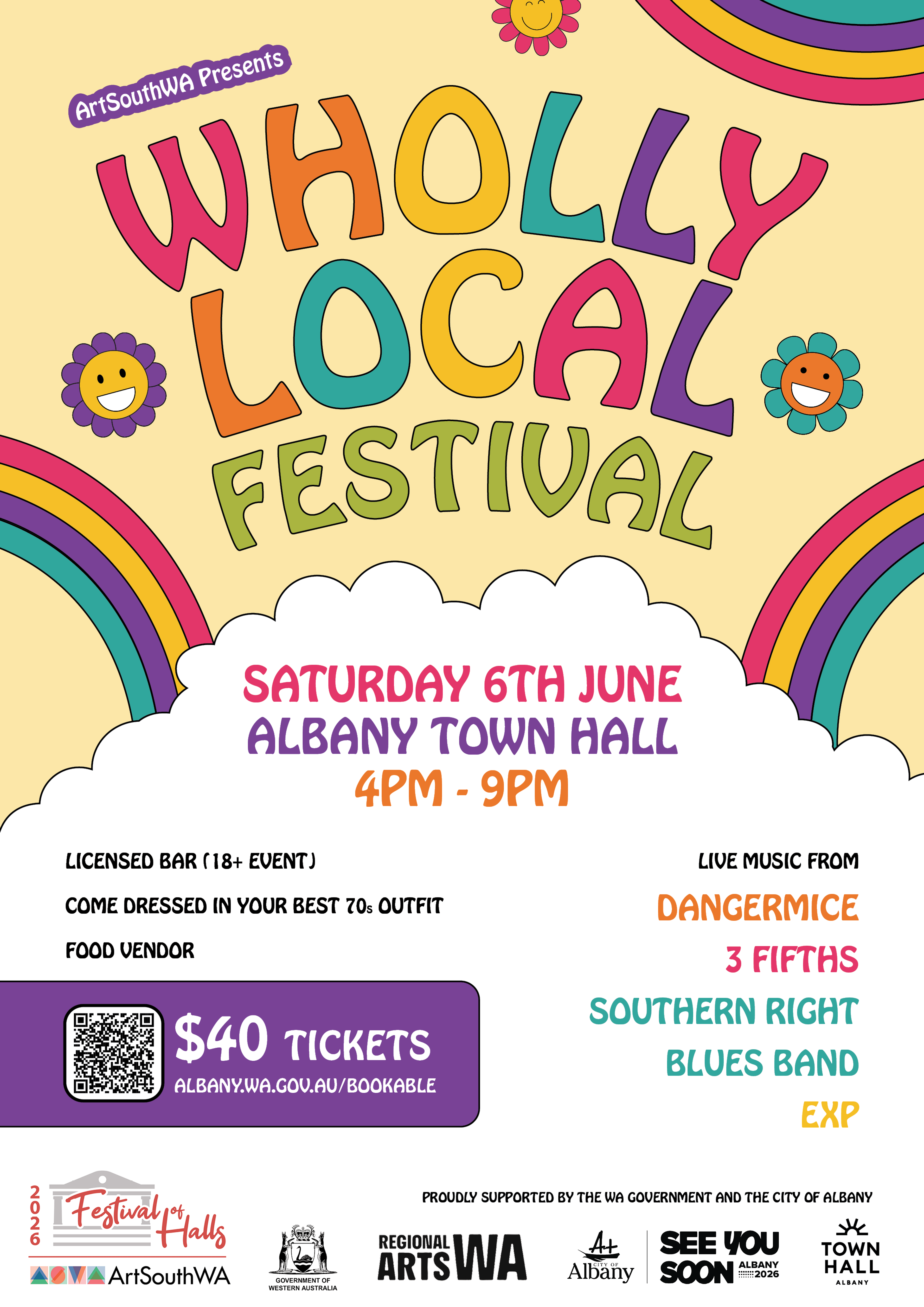 Wholly Local Festival poster featuring clouds, rainbows and flowers. 
