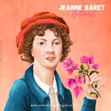 Head and shoulders painting of a young woman holding a few pink flowers on red background