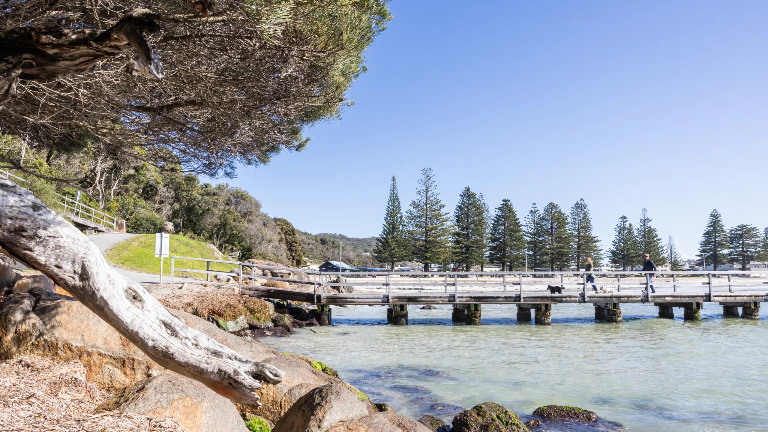 A photo of a jetty sitting atop a bay area connected to the ocean.
