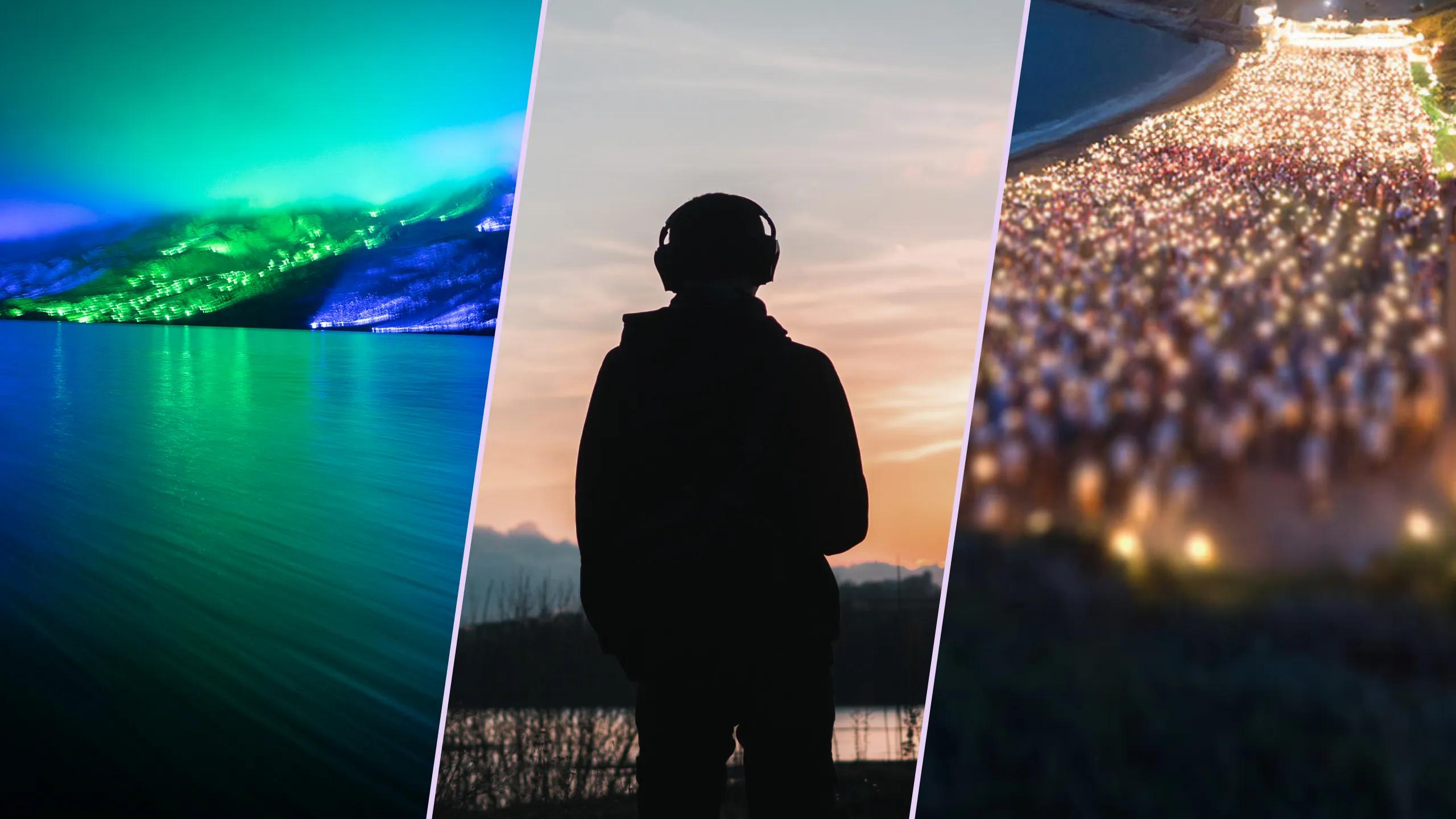 A photo of 3 images separated by lines - an aurora, a silhouette of a man and some city lights.