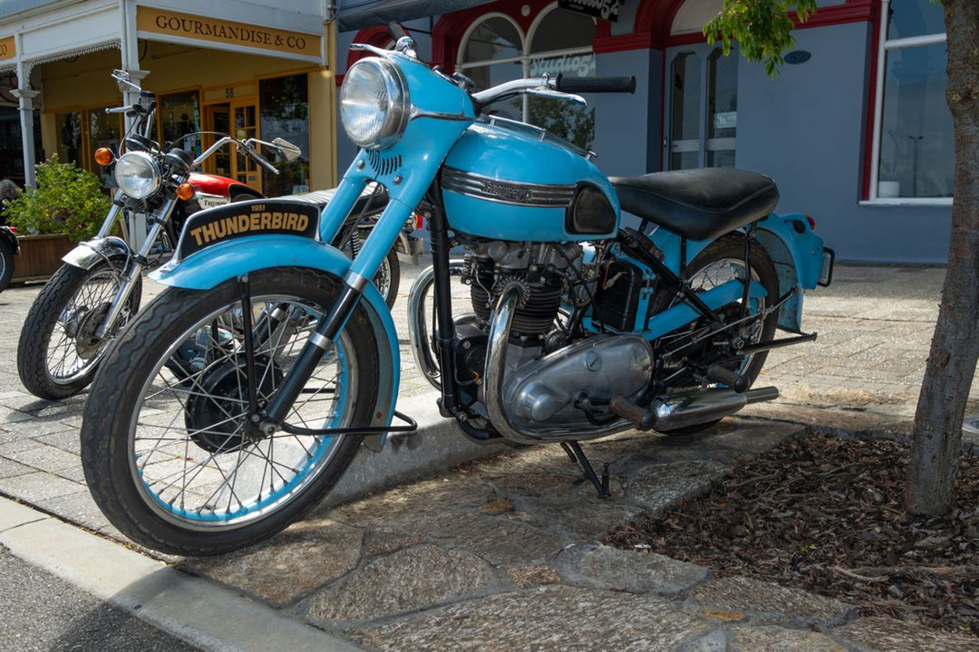 Blue Thunderbird Motorcycle displayed on Stirling Terrace