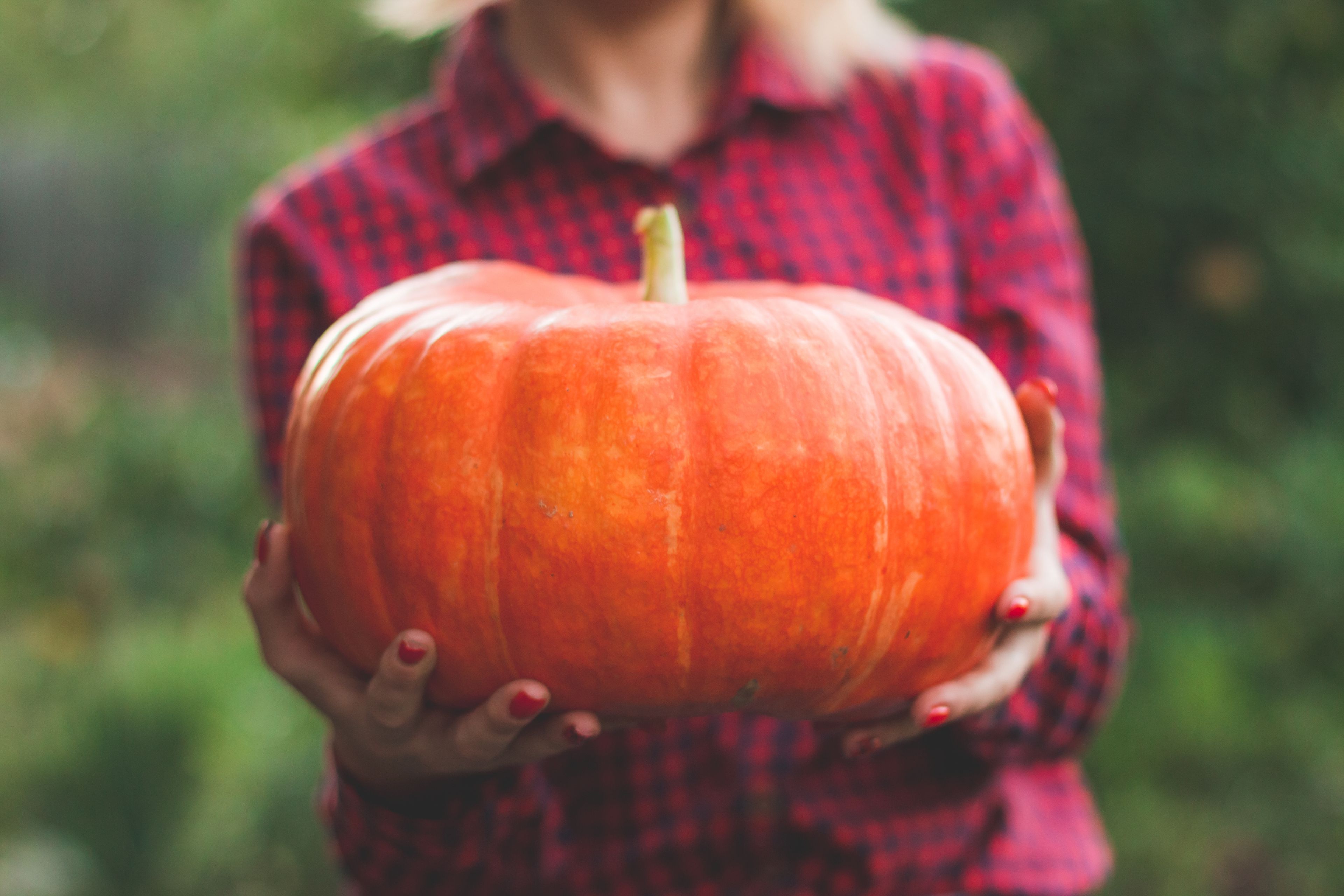 A picture of a woman holding a large pumpkin