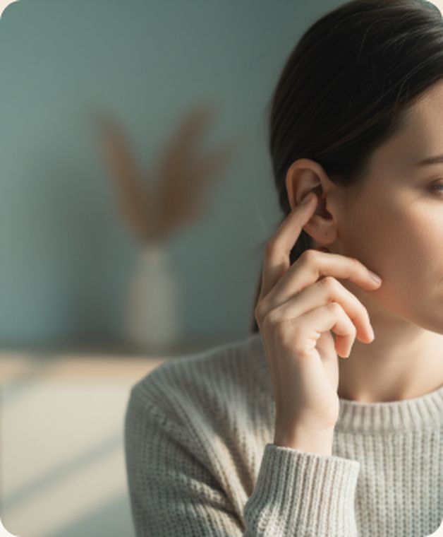 Donna che si tocca l’orecchio con espressione assorta