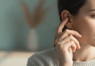 Donna che si tocca l’orecchio con espressione assorta