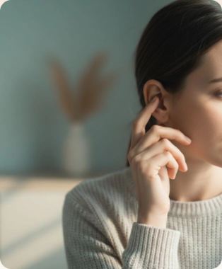Donna che si tocca l’orecchio con espressione assorta