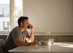 Un uomo seduto al tavolo della cucina parla al telefono, con la luce del mattino dalla finestra.