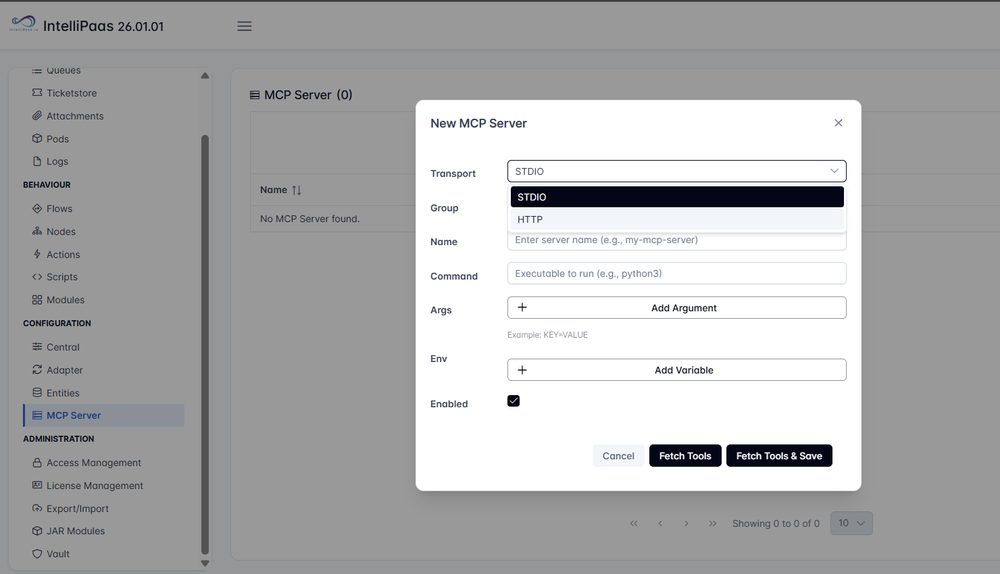 Dialog box titled New MCP Server with dropdown to select transport type between STDIO and HTTP, input fields for Group, Name, Command, Args, Env, an Enabled checkbox, and buttons Cancel, Fetch Tools, and Fetch Tools & Save.