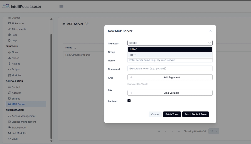 Dialog box titled New MCP Server with dropdown to select transport type between STDIO and HTTP, input fields for Group, Name, Command, Args, Env, an Enabled checkbox, and buttons Cancel, Fetch Tools, and Fetch Tools & Save.