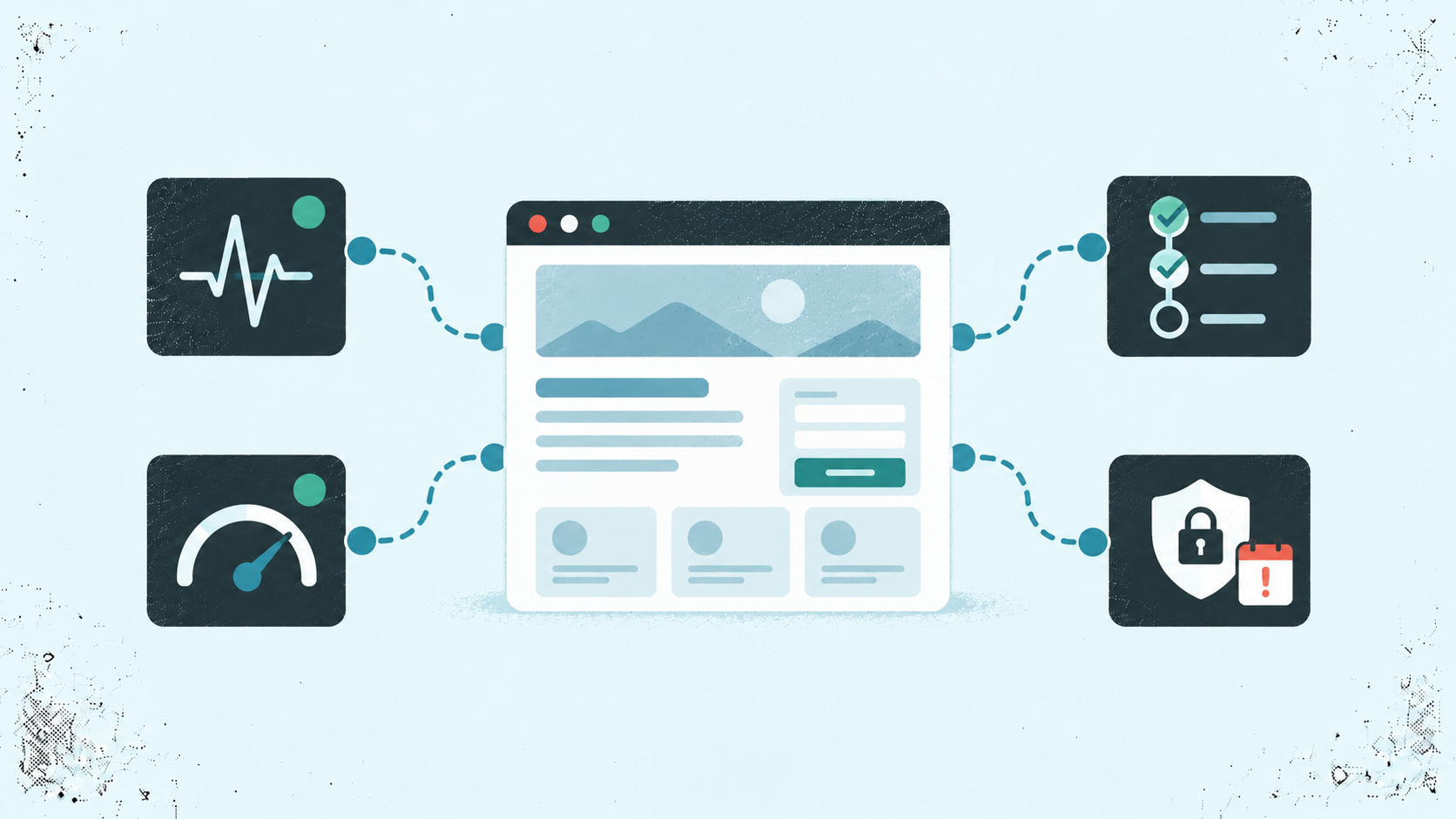Website connected to monitoring tools for uptime, performance, workflow checks, and security expiry alerts.