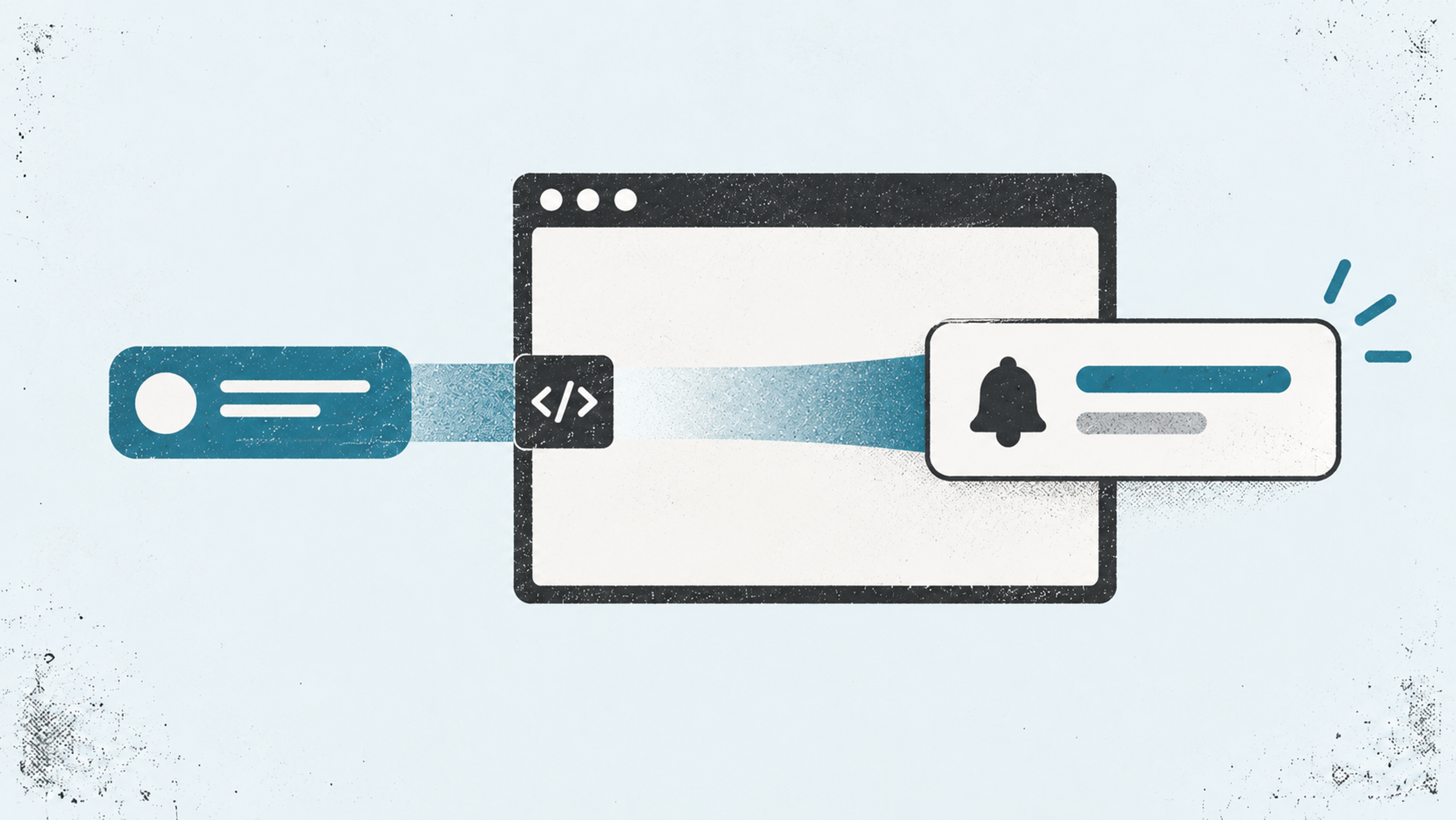 Illustration of a web push service showing a server communicating through a cloud connection to deliver a browser notification, represented by a pop-up with a bell icon.