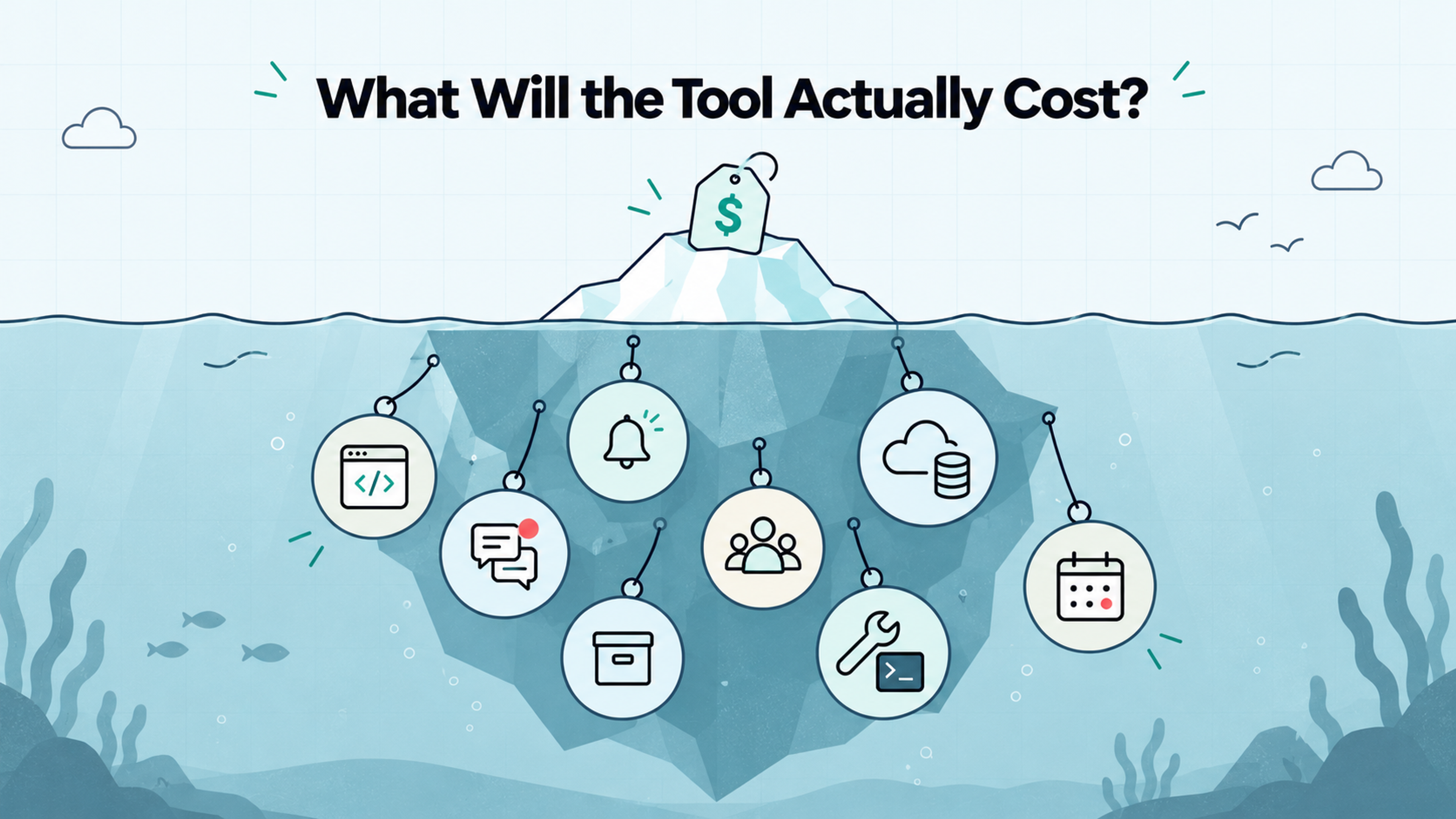 Iceberg illustrating hidden website monitoring tool costs, including alerts, storage, team access, and maintenance.