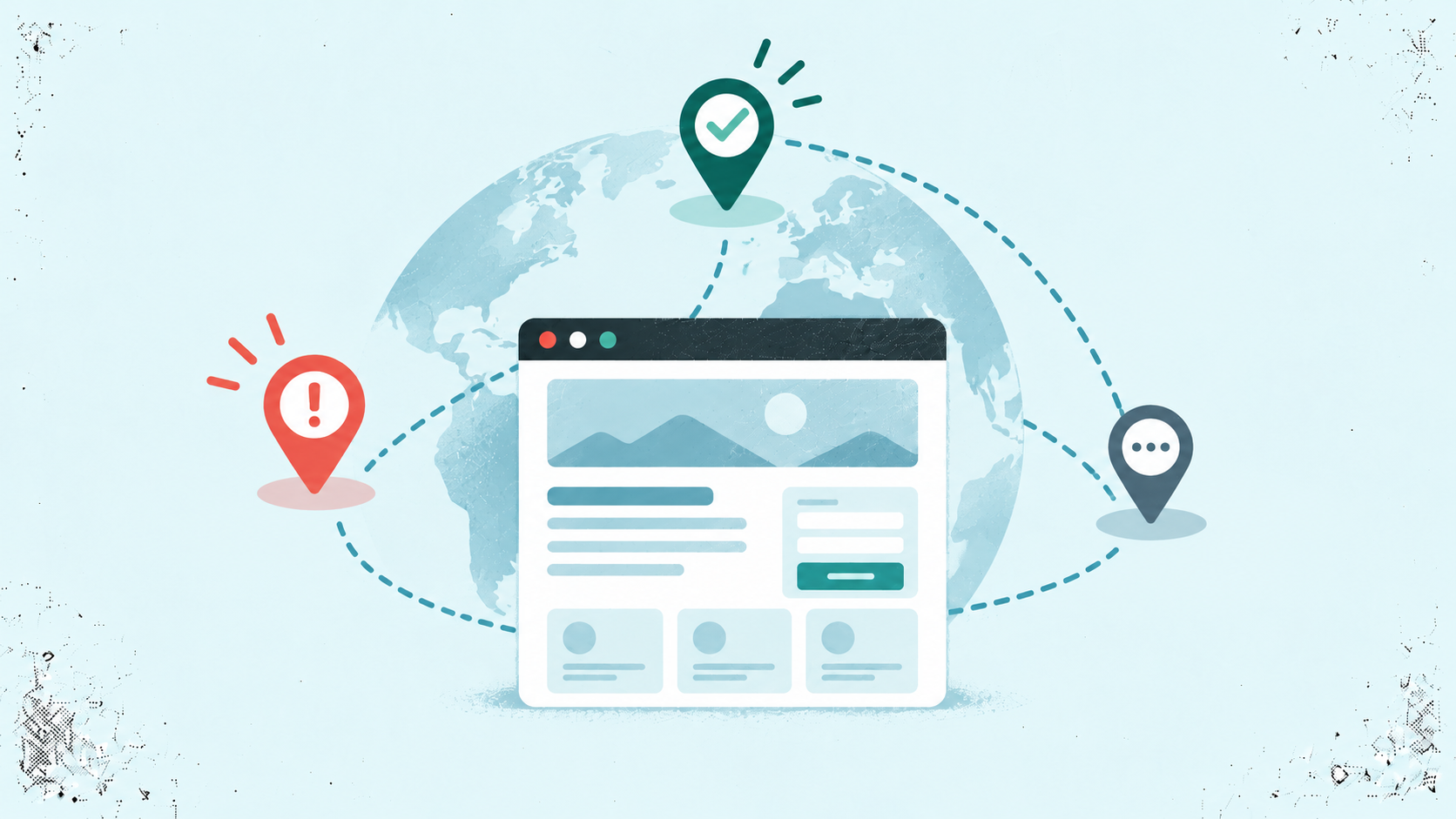 Website availability illustration showing a webpage connected to locations around the globe, with success, warning, and pending status markers.