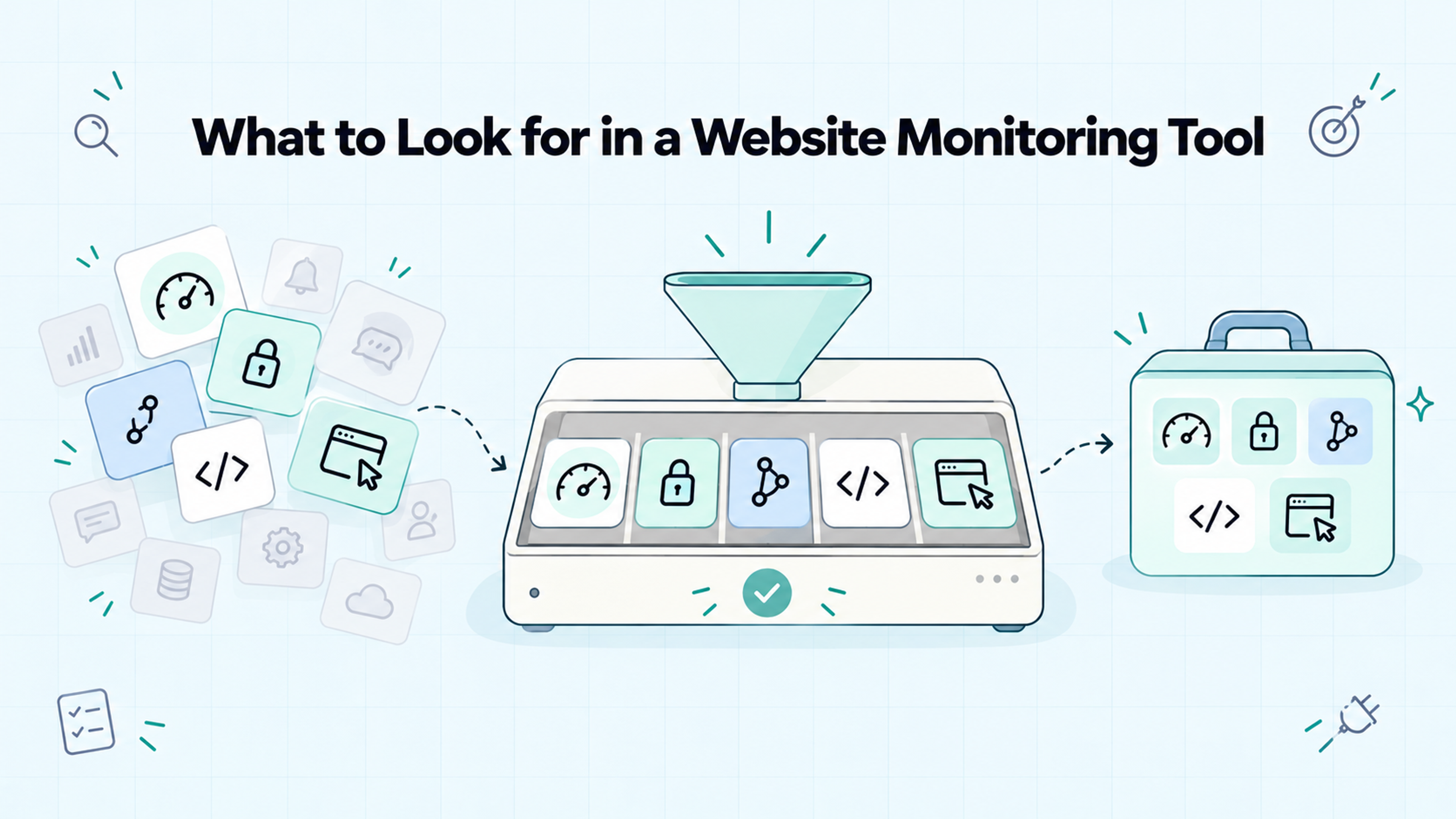 Website monitoring tool features filtered into a toolkit, including performance, security, integrations, and browser checks.