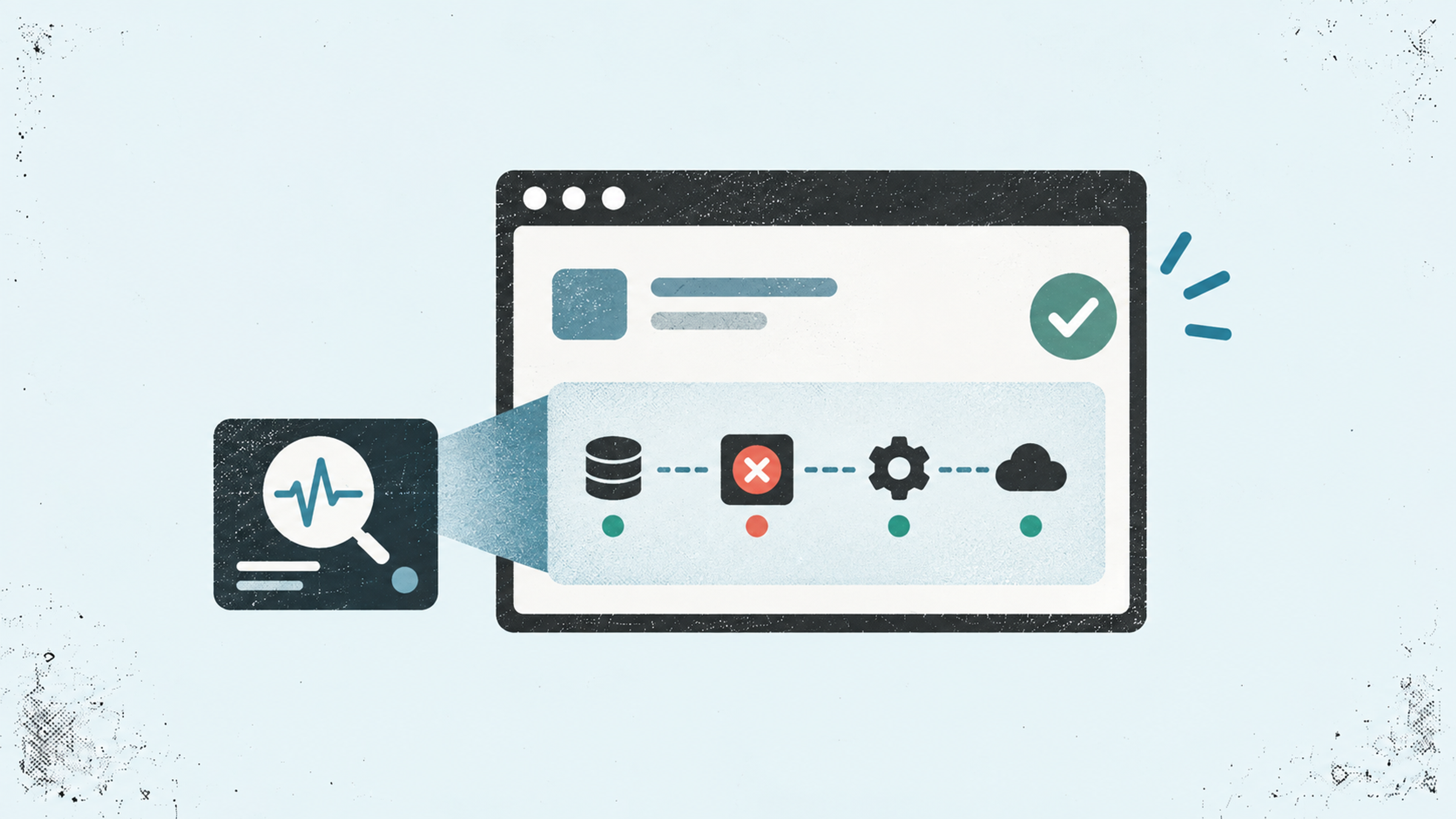 SaaS monitoring dashboard illustration showing a failed component alongside healthy database, service, and cloud connections.