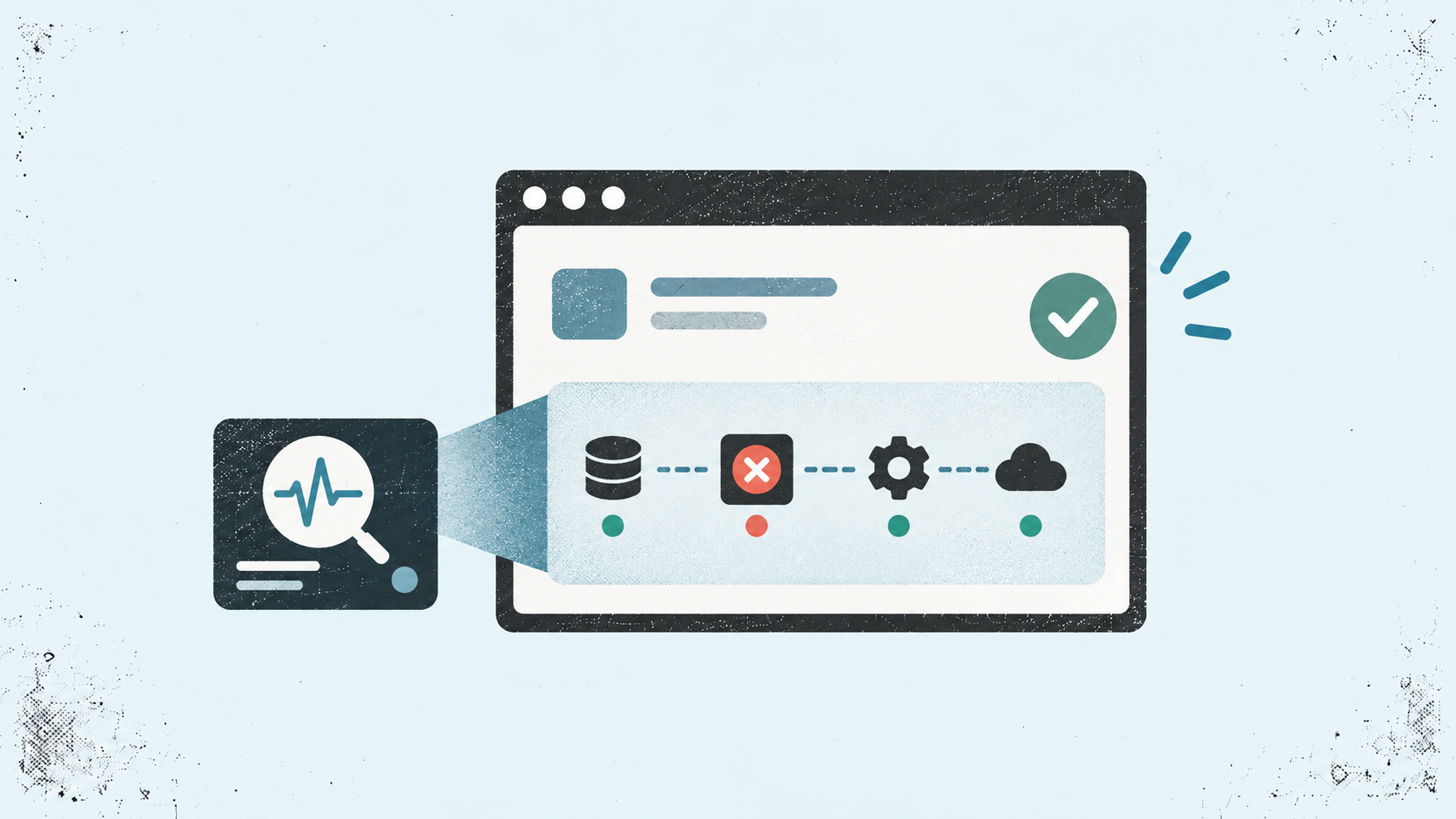 SaaS monitoring dashboard illustration showing a failed component alongside healthy database, service, and cloud connections.