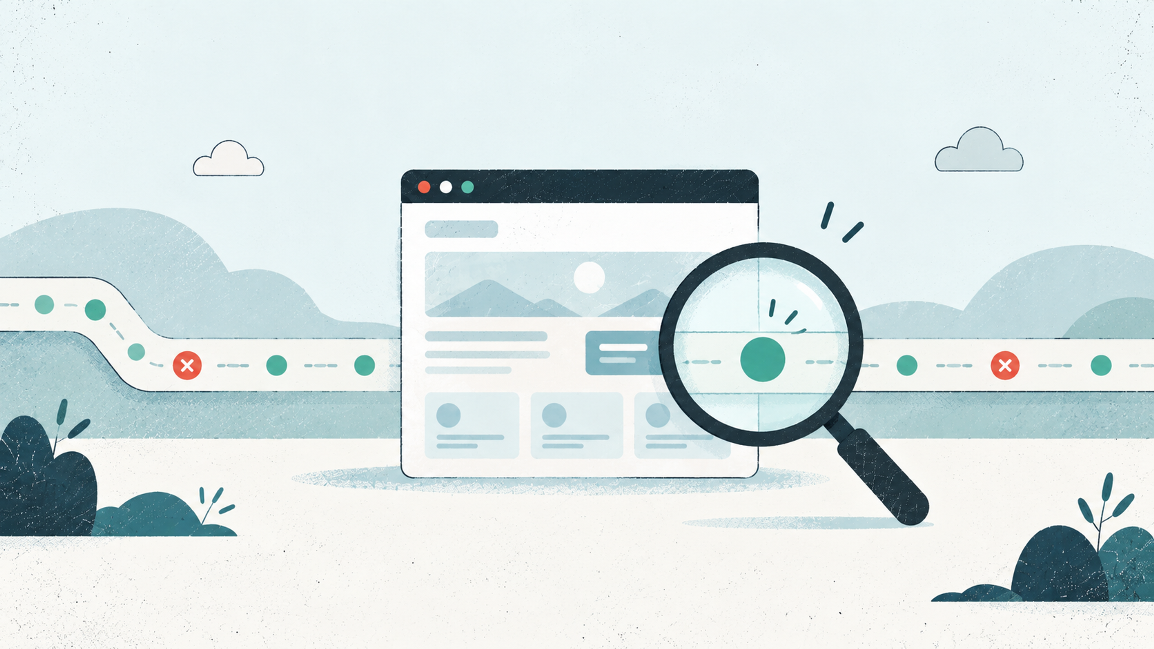 Website monitoring tool illustrated by a magnifying glass inspecting a webpage with uptime and downtime indicators.