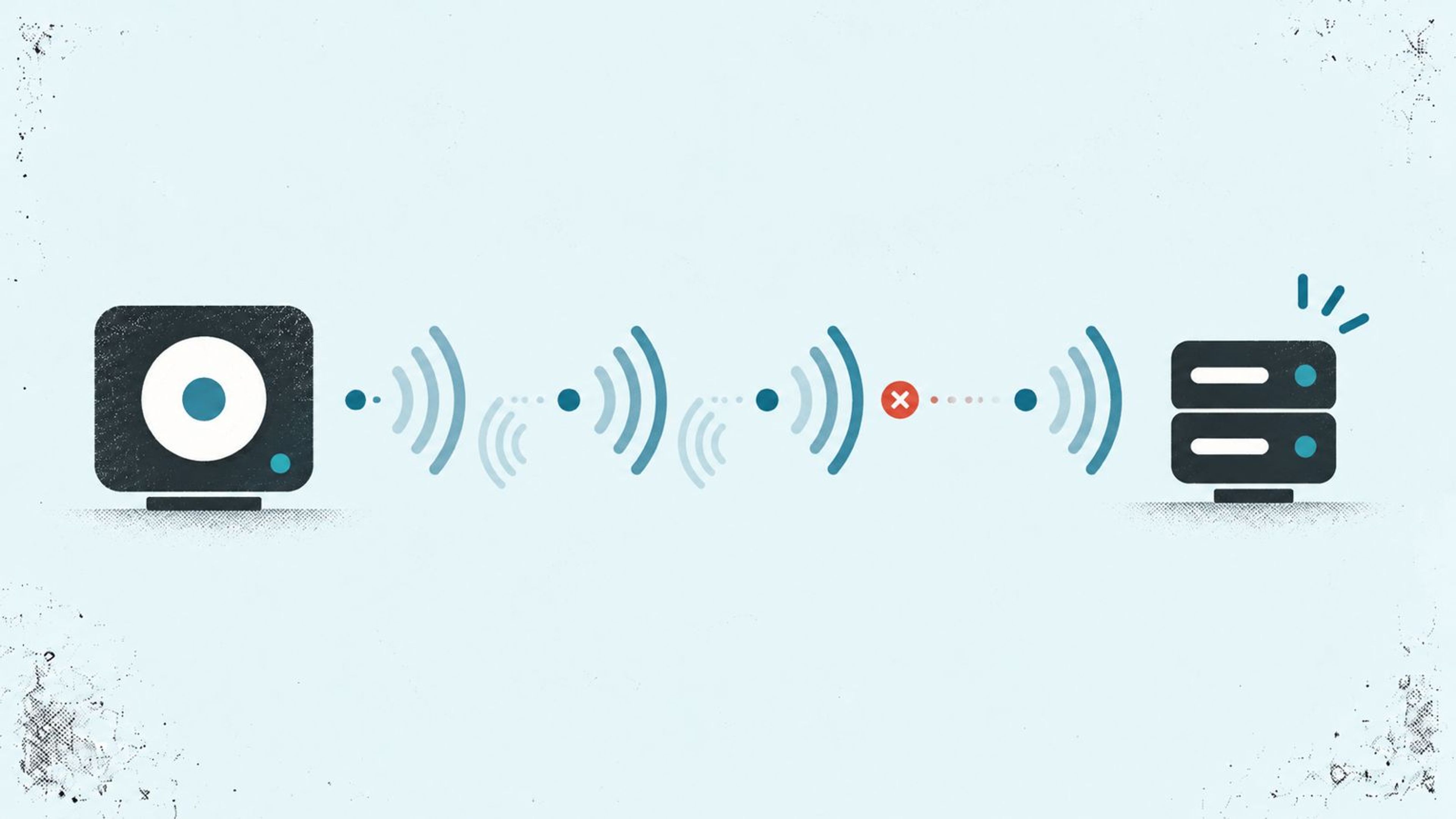 Website uptime monitoring illustration showing signals between a monitoring device and a server, with a red connection error.