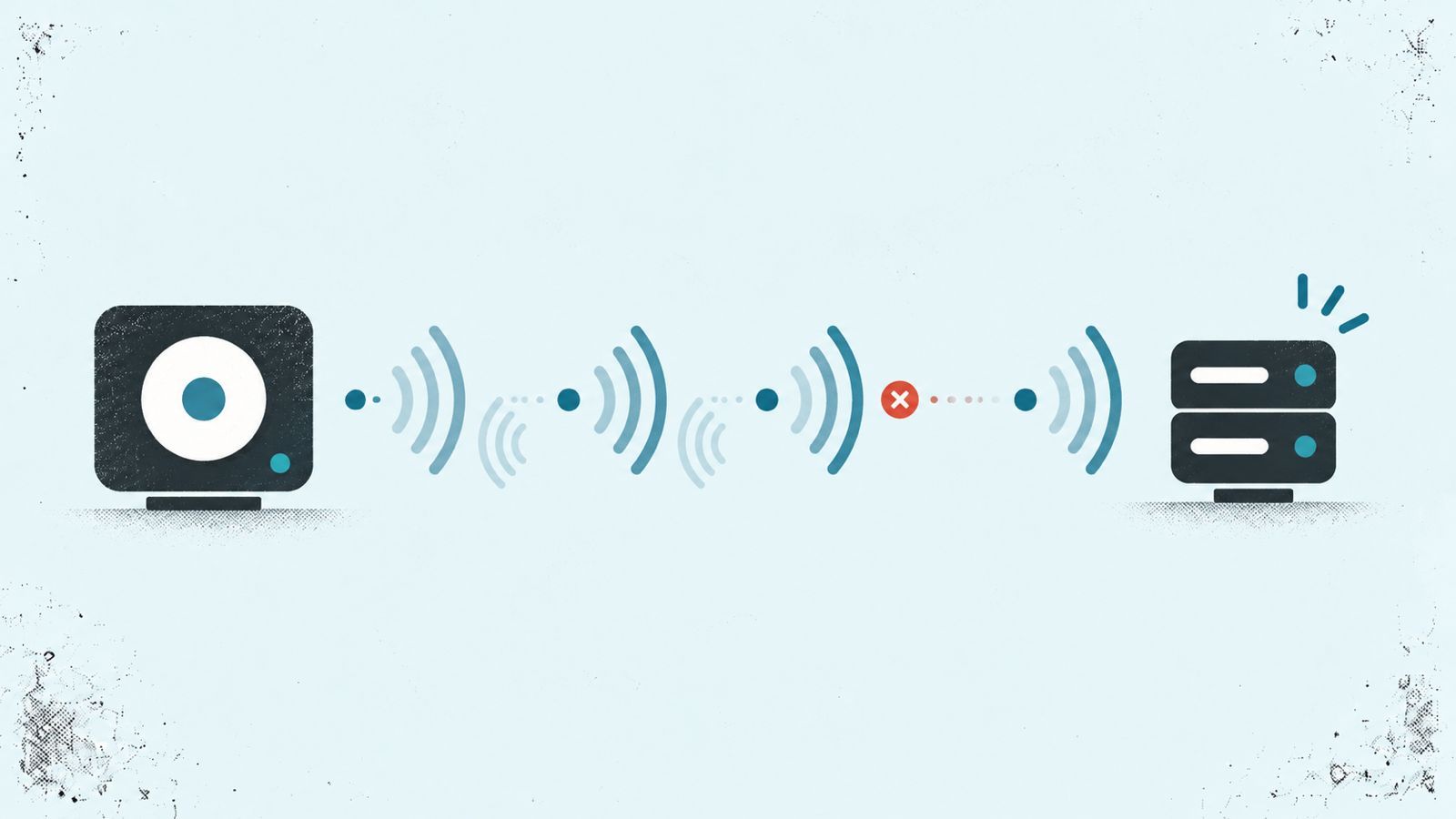 Website uptime monitoring illustration showing signals between a monitoring device and a server, with a red connection error.