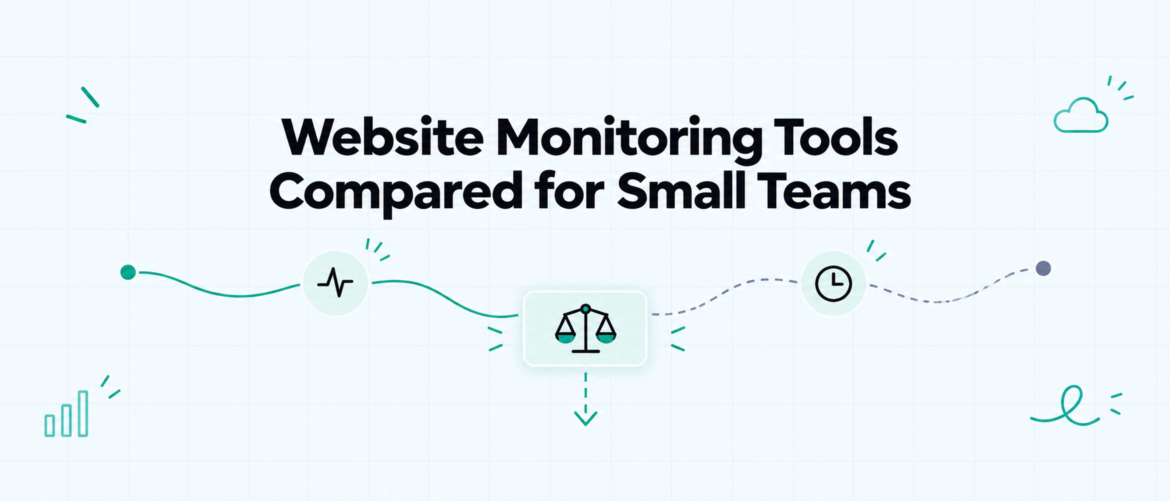 Website monitoring tools compared for small teams, illustrated with uptime, clock, and balance scale icons.
