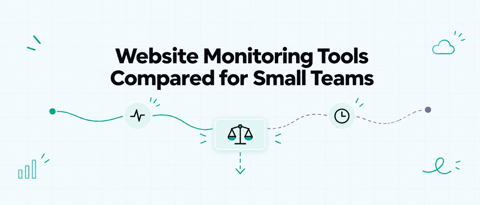 Website monitoring tools compared for small teams, illustrated with uptime, clock, and balance scale icons.