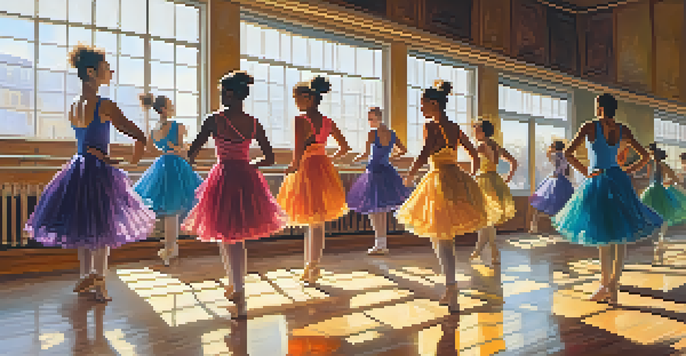 A dance studio with multiple dancers practicing in front of a mirror, illuminated by sunlight.