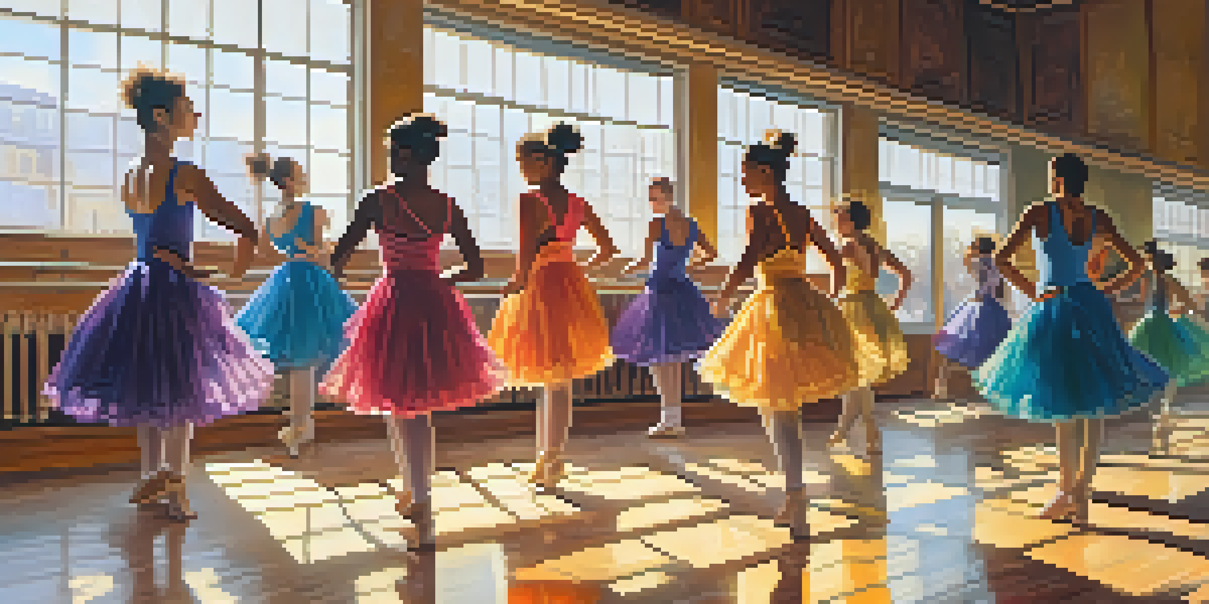 A dance studio with multiple dancers practicing in front of a mirror, illuminated by sunlight.