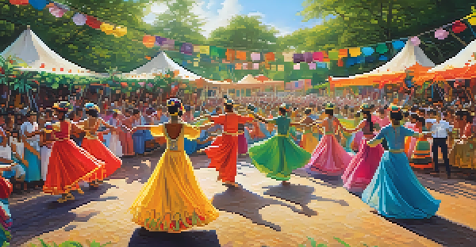 Dancers in colorful costumes performing at an outdoor festival, surrounded by greenery and decorations that promote sustainability.