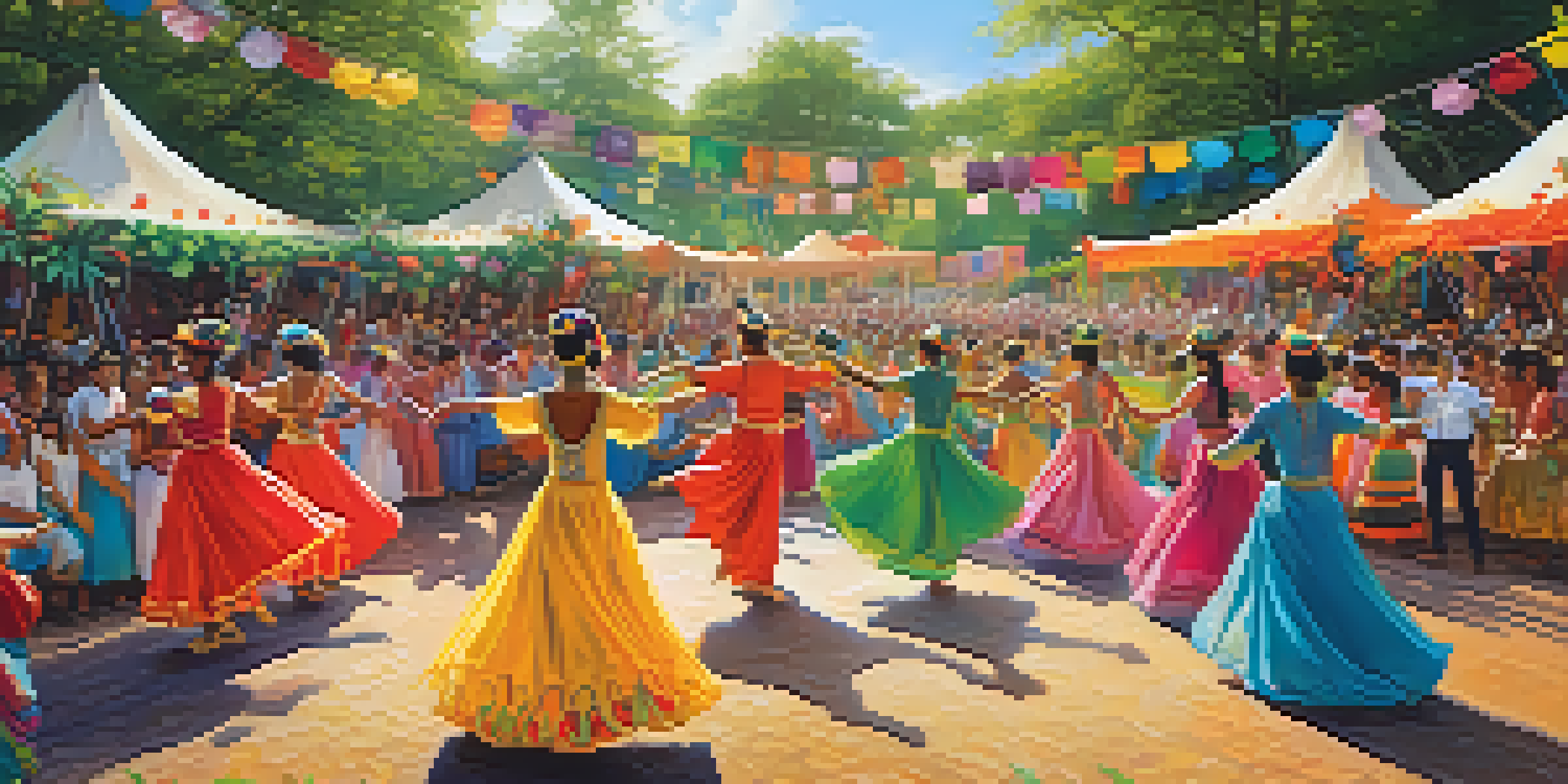 Dancers in colorful costumes performing at an outdoor festival, surrounded by greenery and decorations that promote sustainability.