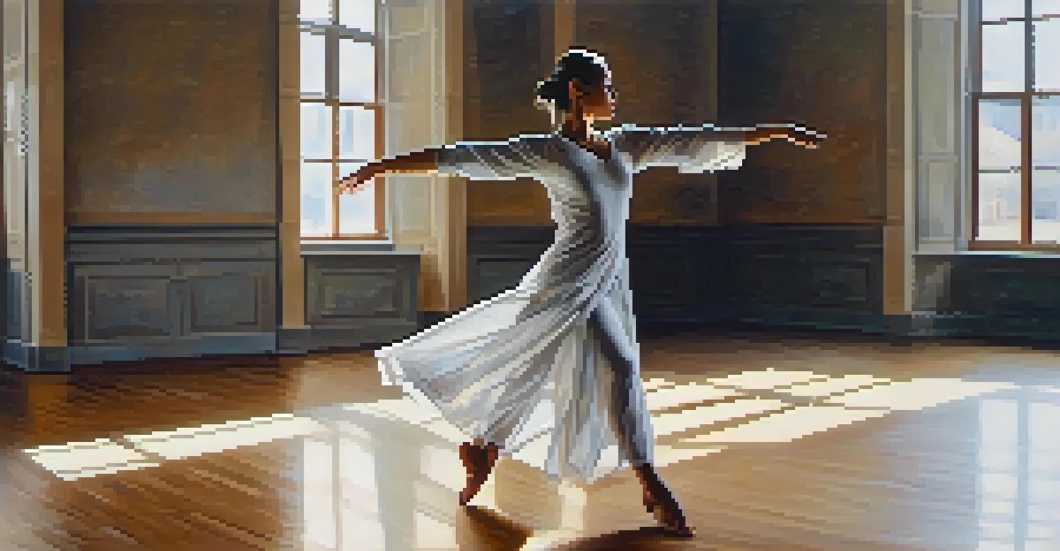 A dancer rehearsing in a dance studio, showcasing a blend of Eastern and Western dance techniques with intricate hand movements and precise footwork.