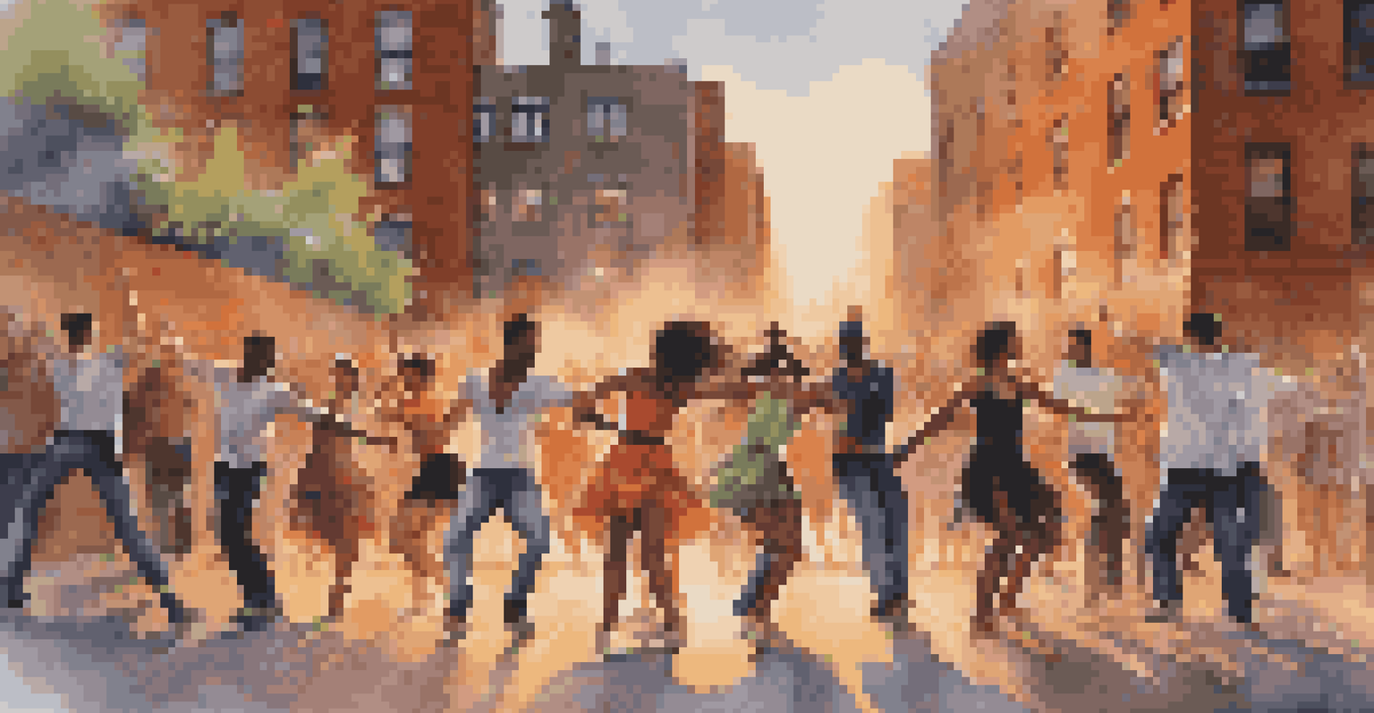 A collaborative outdoor dance performance in an urban setting, featuring diverse dancers against a vibrant sunset backdrop.