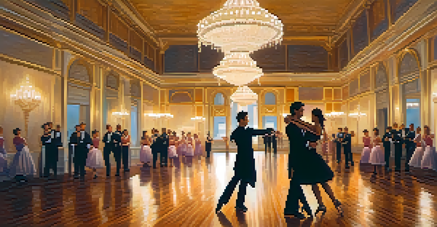 A couple elegantly dancing in a ballroom dance class, showcasing graceful footwork and connected expressions in a softly lit room.