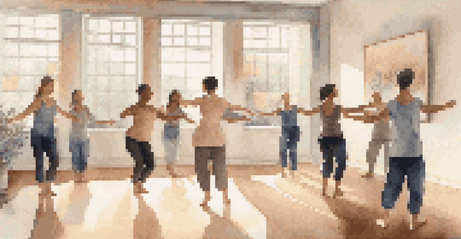 A serene dance therapy session in a softly lit studio, where a therapist guides individuals expressing their emotions through movement.