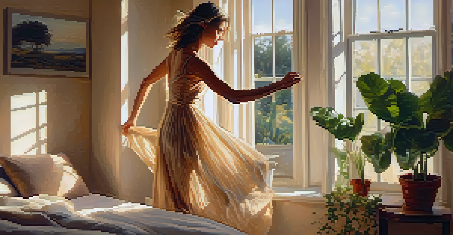 A young woman dancing alone in her bedroom, illuminated by warm light, surrounded by plants and personal belongings, symbolizing transformation.