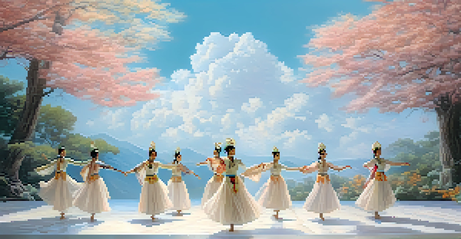 Dancers practicing traditional dance forms in a serene and colorful virtual landscape.