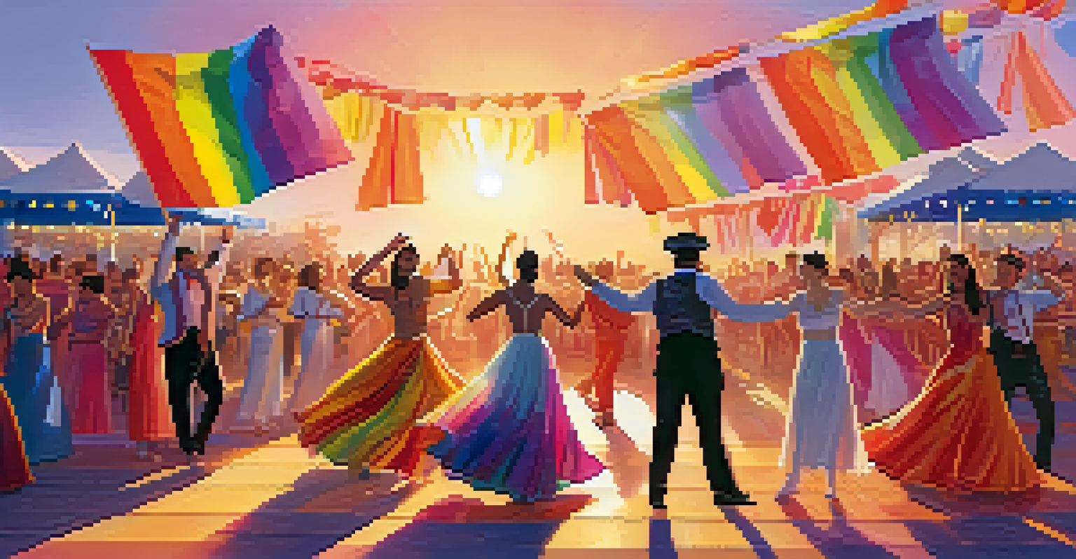 A colorful outdoor LGBTQ+ dance festival with performers in vibrant costumes and an enthusiastic audience.