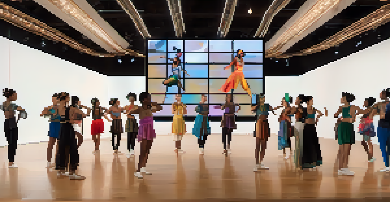 A choreographer on a video call with dancers from different cultures, surrounded by a collage of dance styles in the background.
