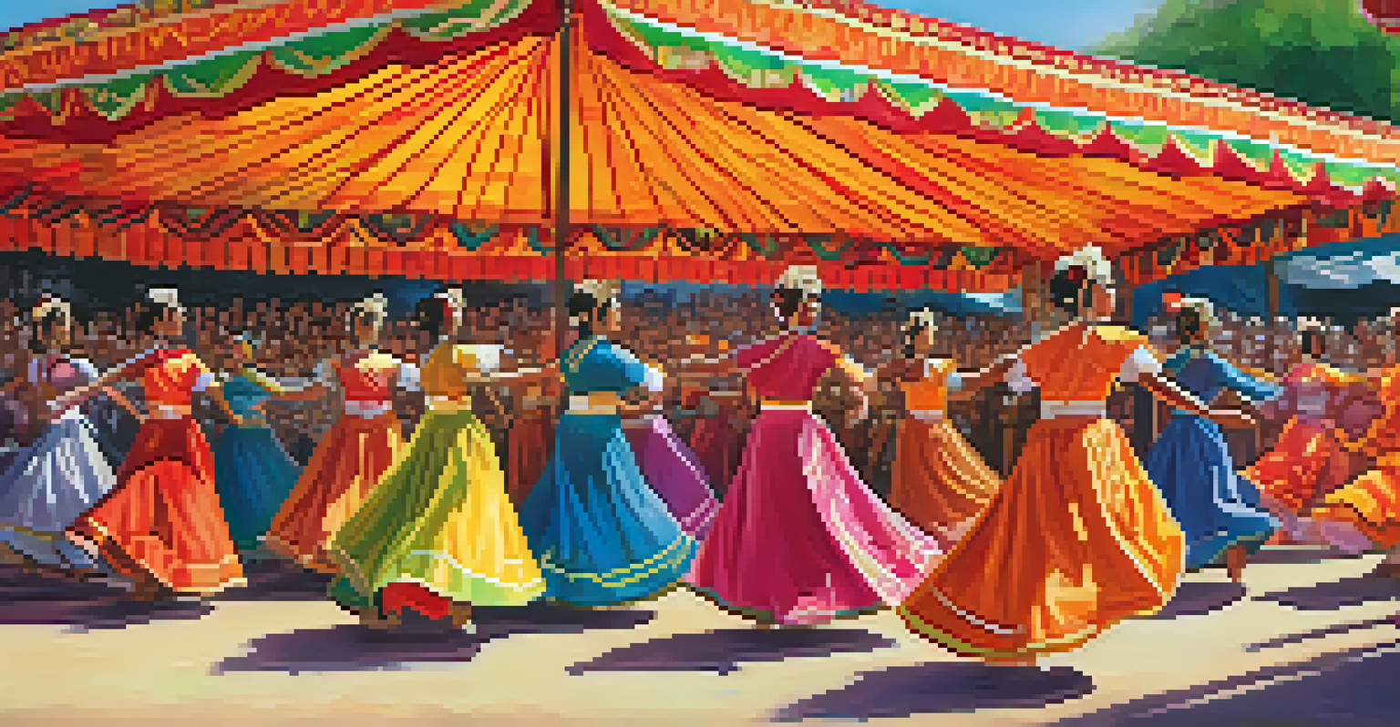 Dancers in traditional costumes performing at an outdoor global dance festival with an enthusiastic audience.