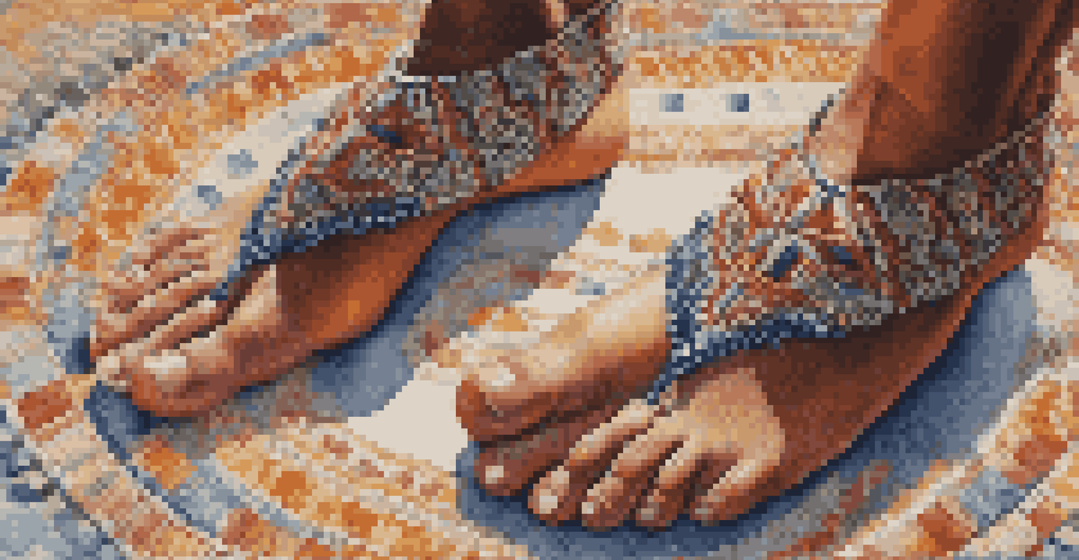 A close-up of a dancer's feet with intricate beadwork dancing on a vibrant patterned mat, illuminated by soft morning light.