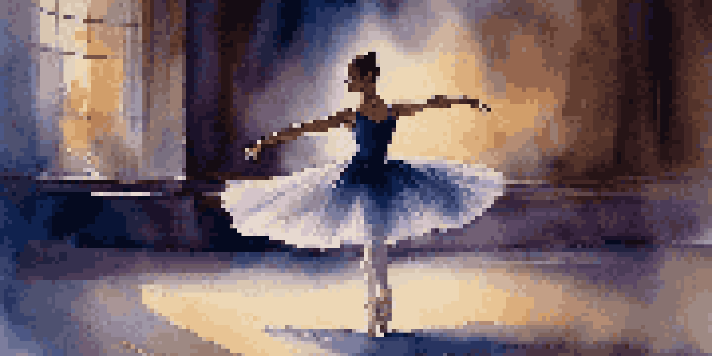 A ballet dancer in mid-pirouette, illuminated by soft stage lights, with a dark blue and purple background.