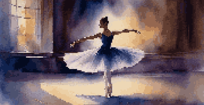 A ballet dancer in mid-pirouette, illuminated by soft stage lights, with a dark blue and purple background.
