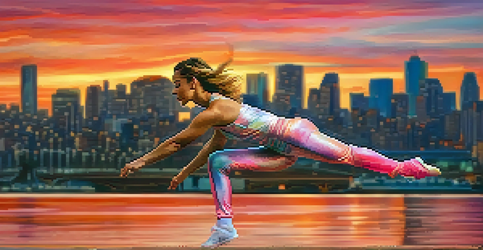 A dancer leaping gracefully against a sunset skyline, with vibrant colors and city lights in the background.