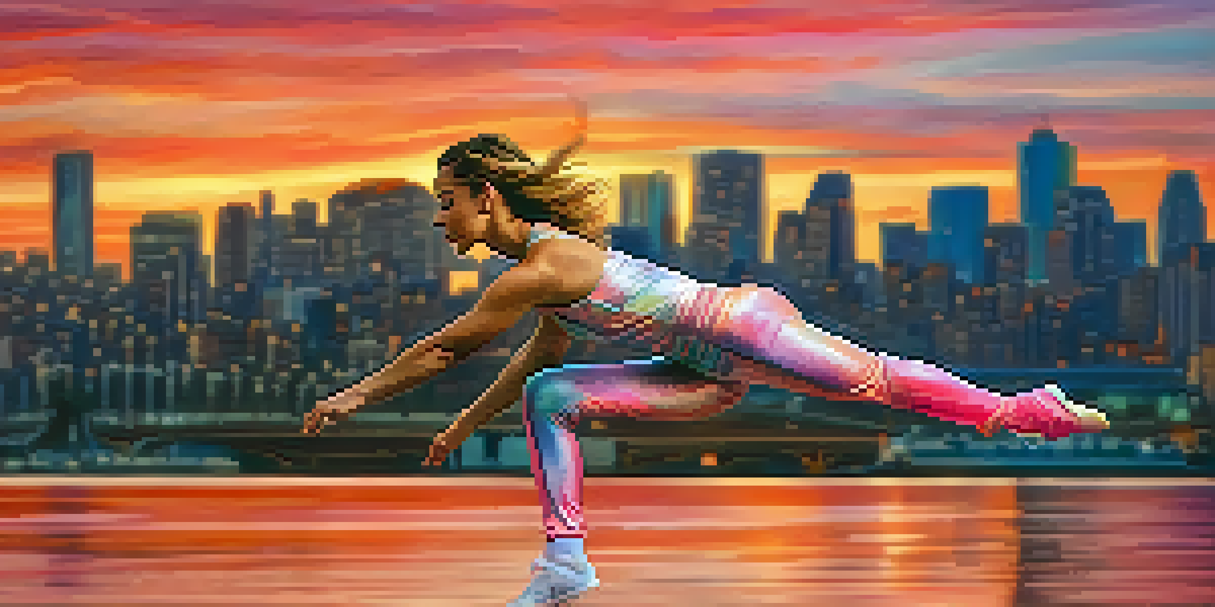 A dancer leaping gracefully against a sunset skyline, with vibrant colors and city lights in the background.