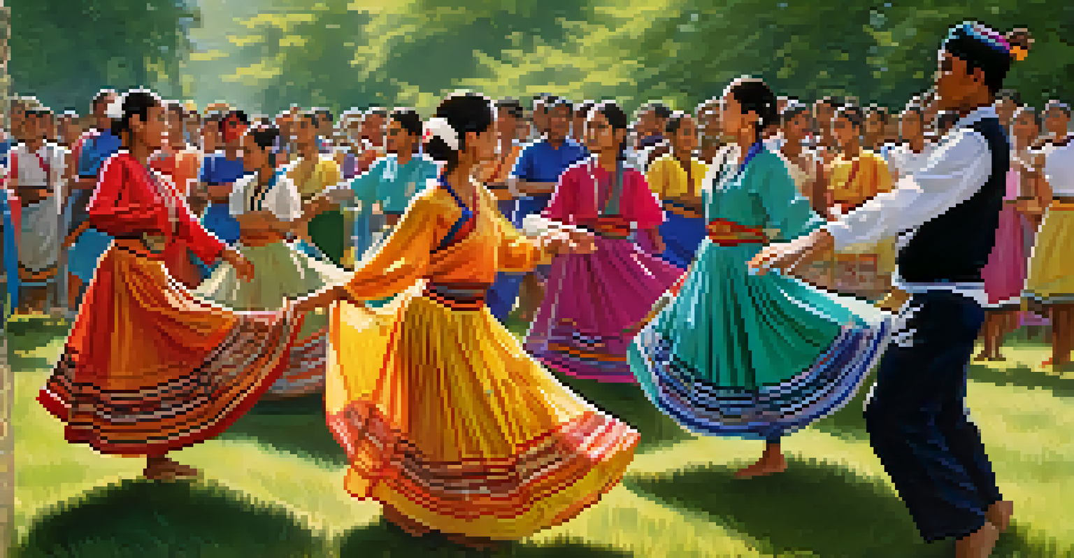 Traditional dancers in colorful costumes performing on a grassy field at a folk dance festival, surrounded by nature.