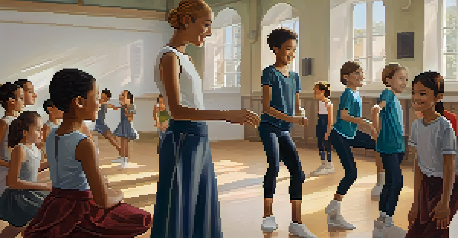A dance educator teaching a technique to a small group of attentive students in a dance studio.