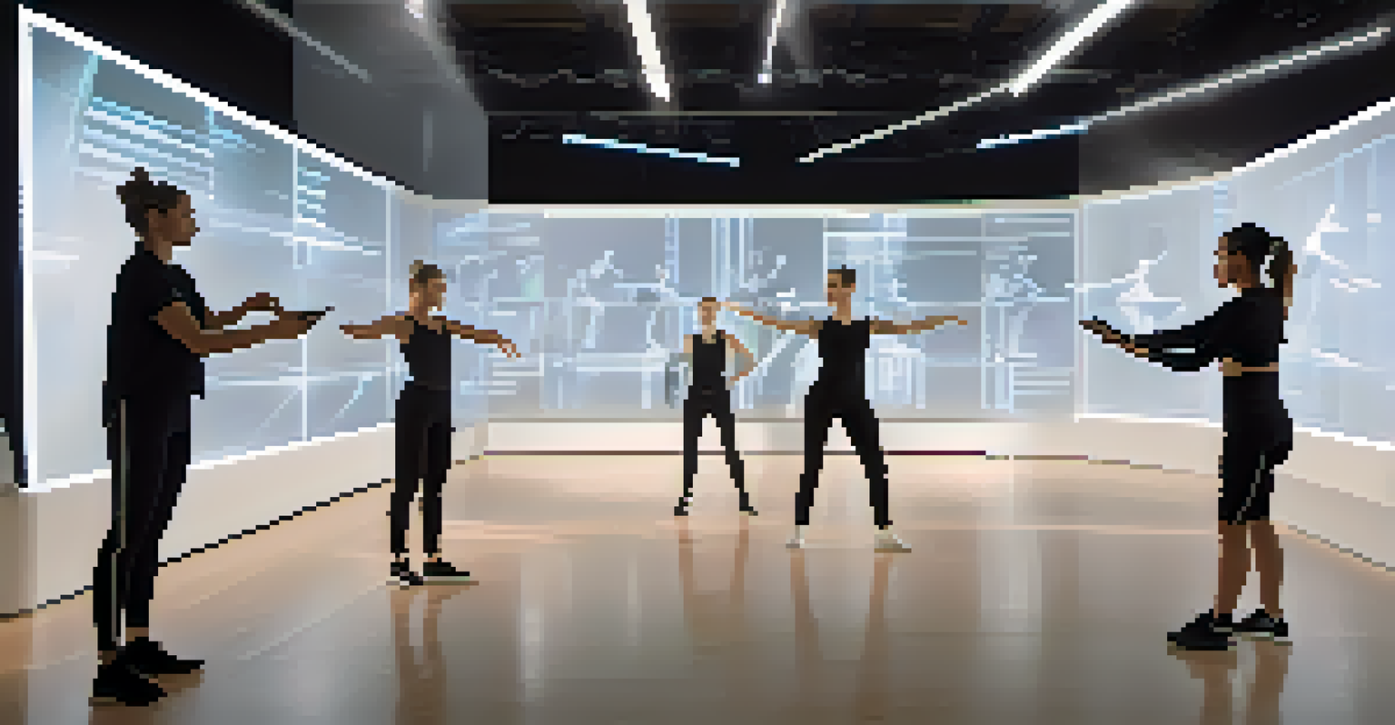 A high-tech dance rehearsal space with a choreographer and dancers utilizing digital tools for choreography refinement.