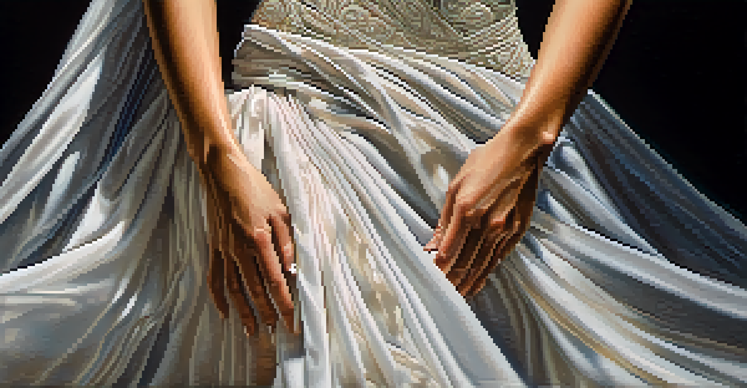 Close-up of a dancer's hands conveying emotion through movement, with soft lighting and delicate fabric.