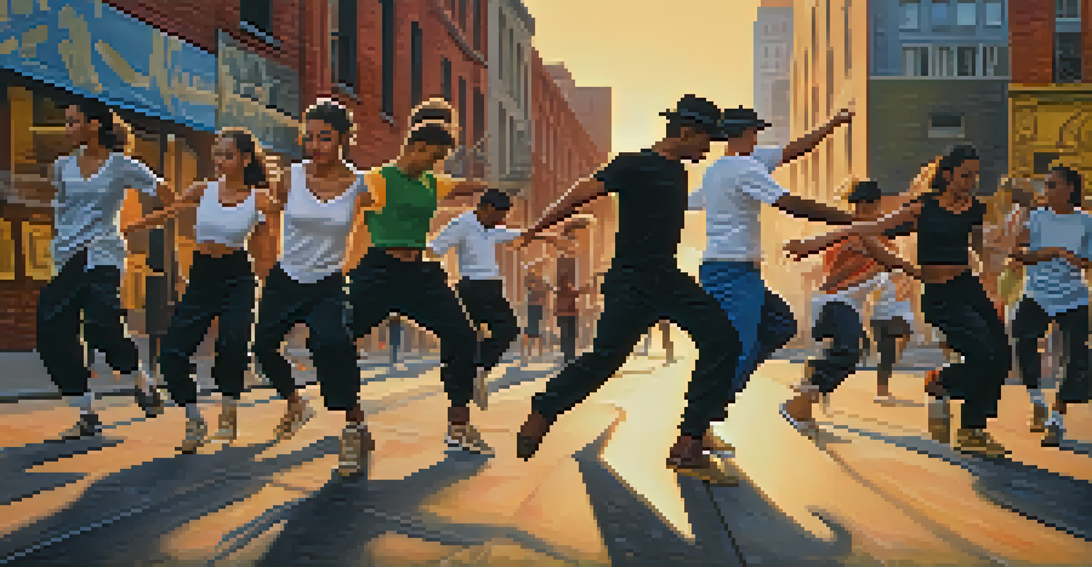A contemporary dance group performing on a city street, blending traditional and modern styles against a backdrop of graffiti art.