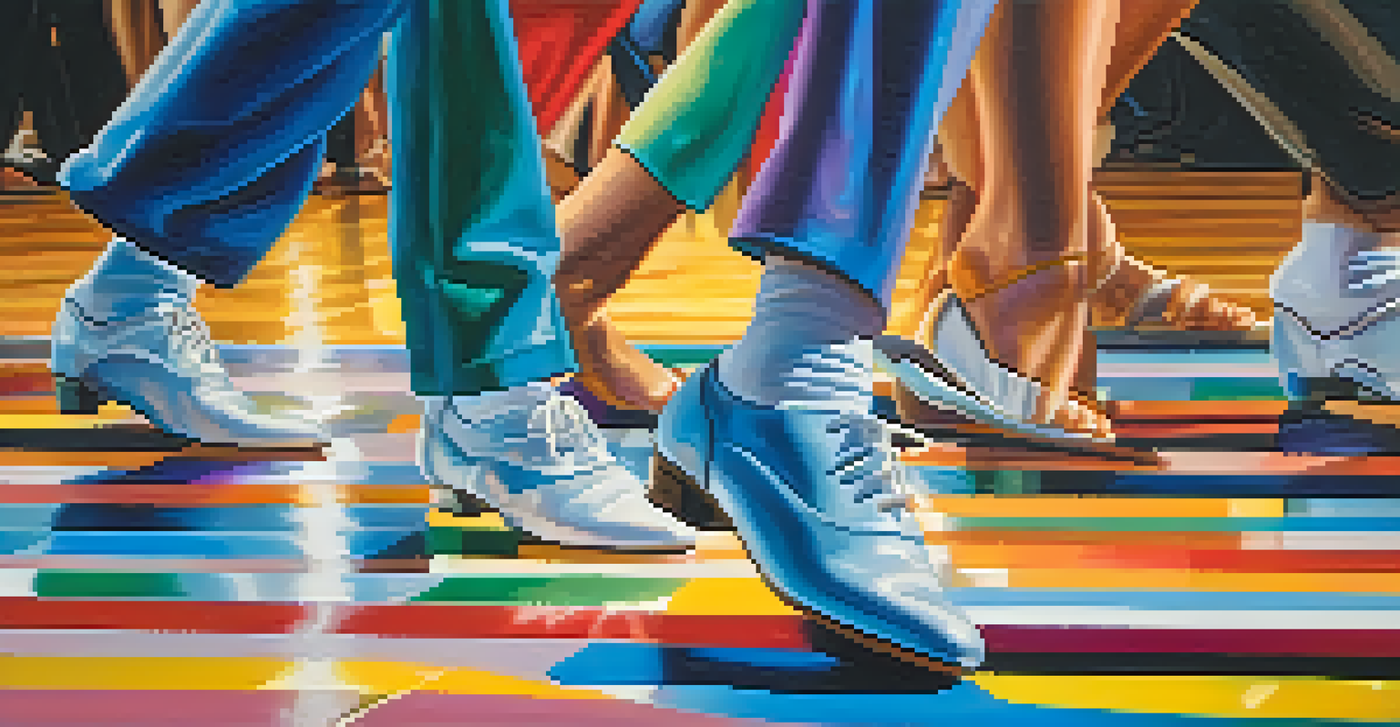 A close-up of dancing feet in colorful shoes, capturing the rhythm of a lively performance.