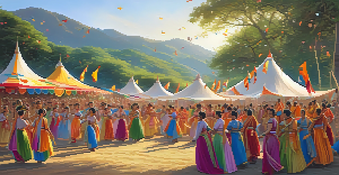 A lively ancient festival with dancers in colorful costumes and a joyful crowd in a lush green setting, illuminated by warm golden sunlight.