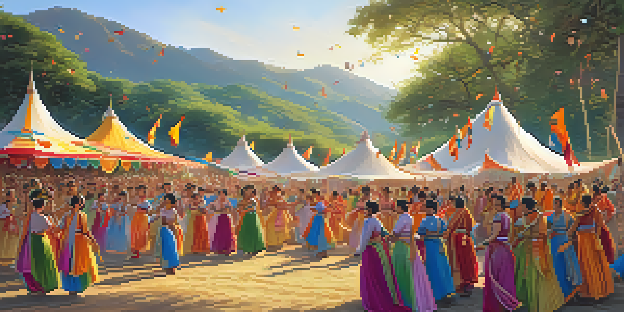 A lively ancient festival with dancers in colorful costumes and a joyful crowd in a lush green setting, illuminated by warm golden sunlight.